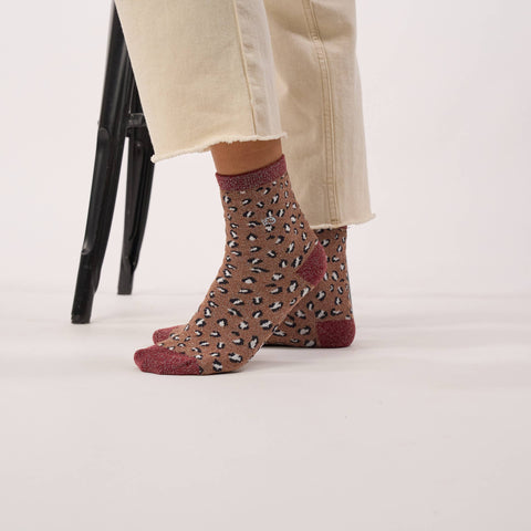 Chaussettes pailletées en coton peigné léopard - marron
