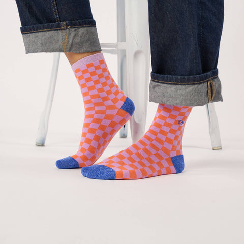 Chaussettes en coton peigné à carreaux - Orange et violet