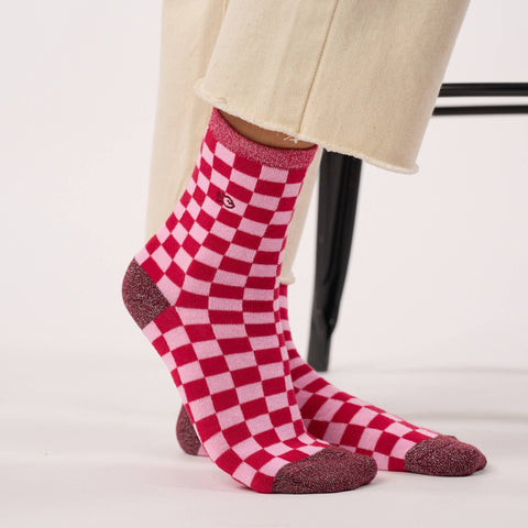 Chaussettes en coton peigné à carreaux - Rouge et rose