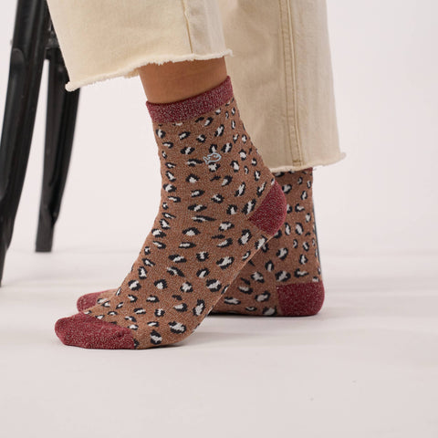 Chaussettes pailletées en coton peigné léopard - marron