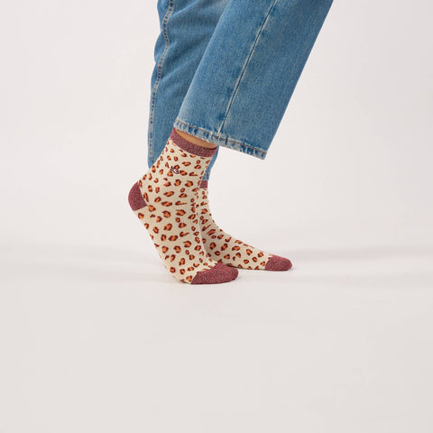 Chaussettes pailletées en coton peigné léopard - Beige