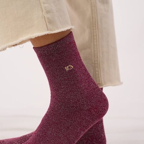 Chaussettes pailletées en coton peigné unies - Aubergine