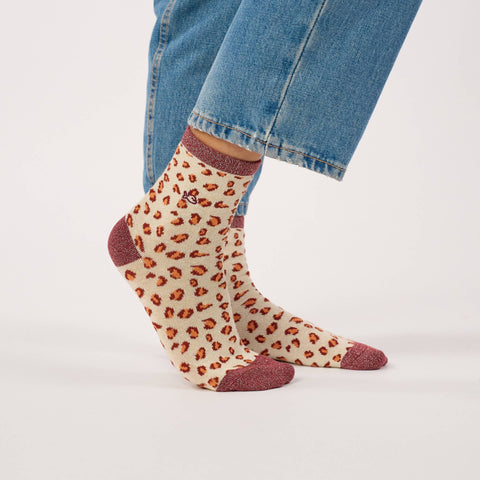 Chaussettes pailletées en coton peigné léopard - Beige