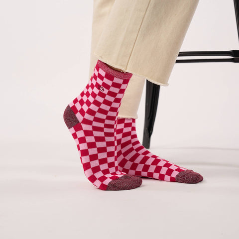 Chaussettes en coton peigné à carreaux - Rouge et rose
