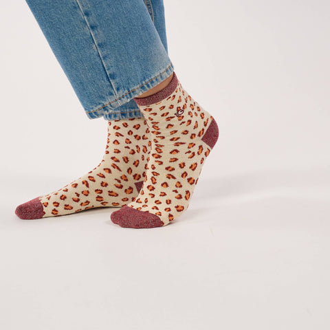 Chaussettes pailletées en coton peigné léopard - Beige