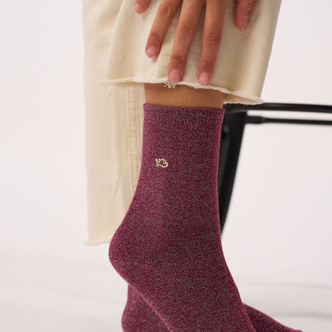 Chaussettes pailletées en coton peigné unies - Aubergine