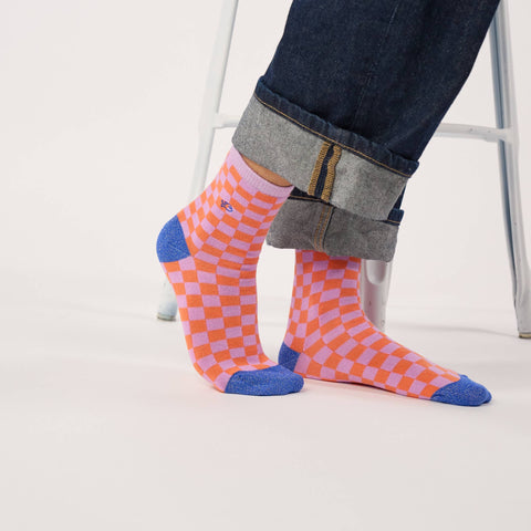 Chaussettes en coton peigné à carreaux - Orange et violet