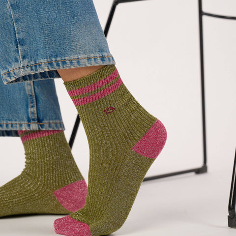 Chaussettes pailletées en coton peigné vintage - Kaki