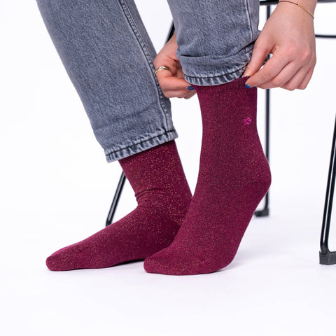 Chaussettes pailletées en coton peigné unies -  Lie de vin