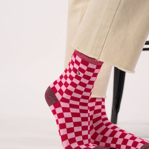 Chaussettes en coton peigné à carreaux - Rouge et rose
