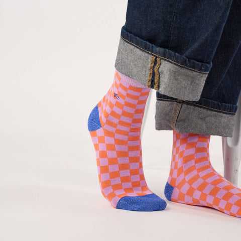 Chaussettes en coton peigné à carreaux - Orange et violet