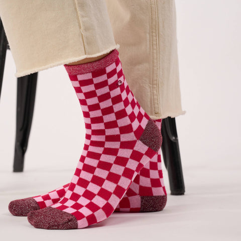 Chaussettes en coton peigné à carreaux - Rouge et rose