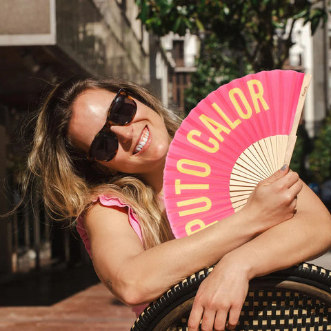 Abanico "Puto Calor" rosa y amarillo - Fisura