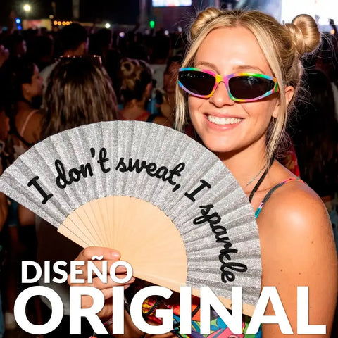 Abanico "I don't sweat, I sparkle" purpurina plata - Fisura