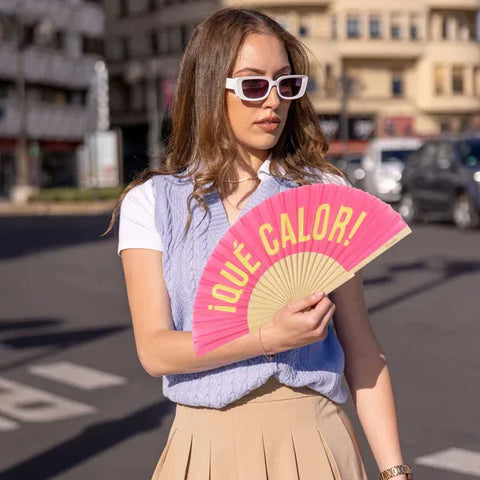 Abanico "Que  calor" rosa y amarillo - Fisura