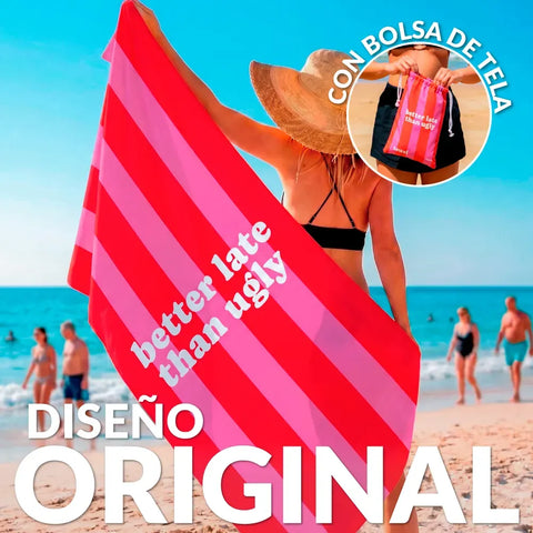 Toalla de playa 180x100 cm -"Better late than ugly" rosa y rojo - Fisura