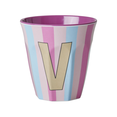Taza de melamina con letra – Alphabet Multicolor Rosa con rayas – RICE