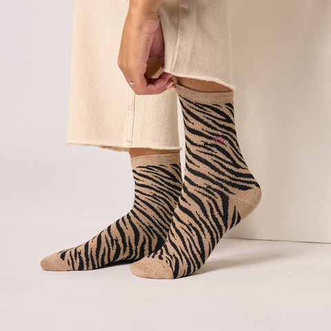 Chaussettes pailletées en coton peigné zèbre - marron