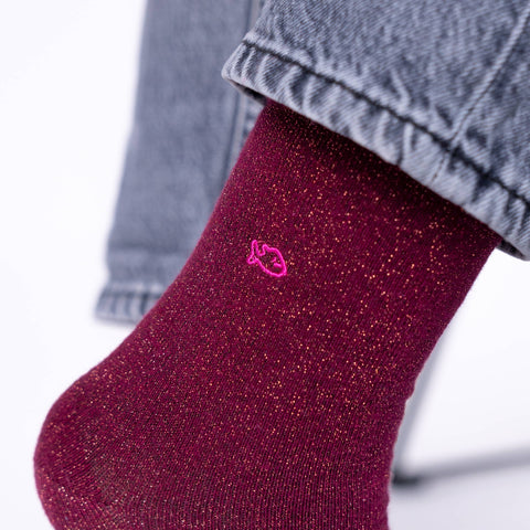 Chaussettes pailletées en coton peigné unies -  Lie de vin